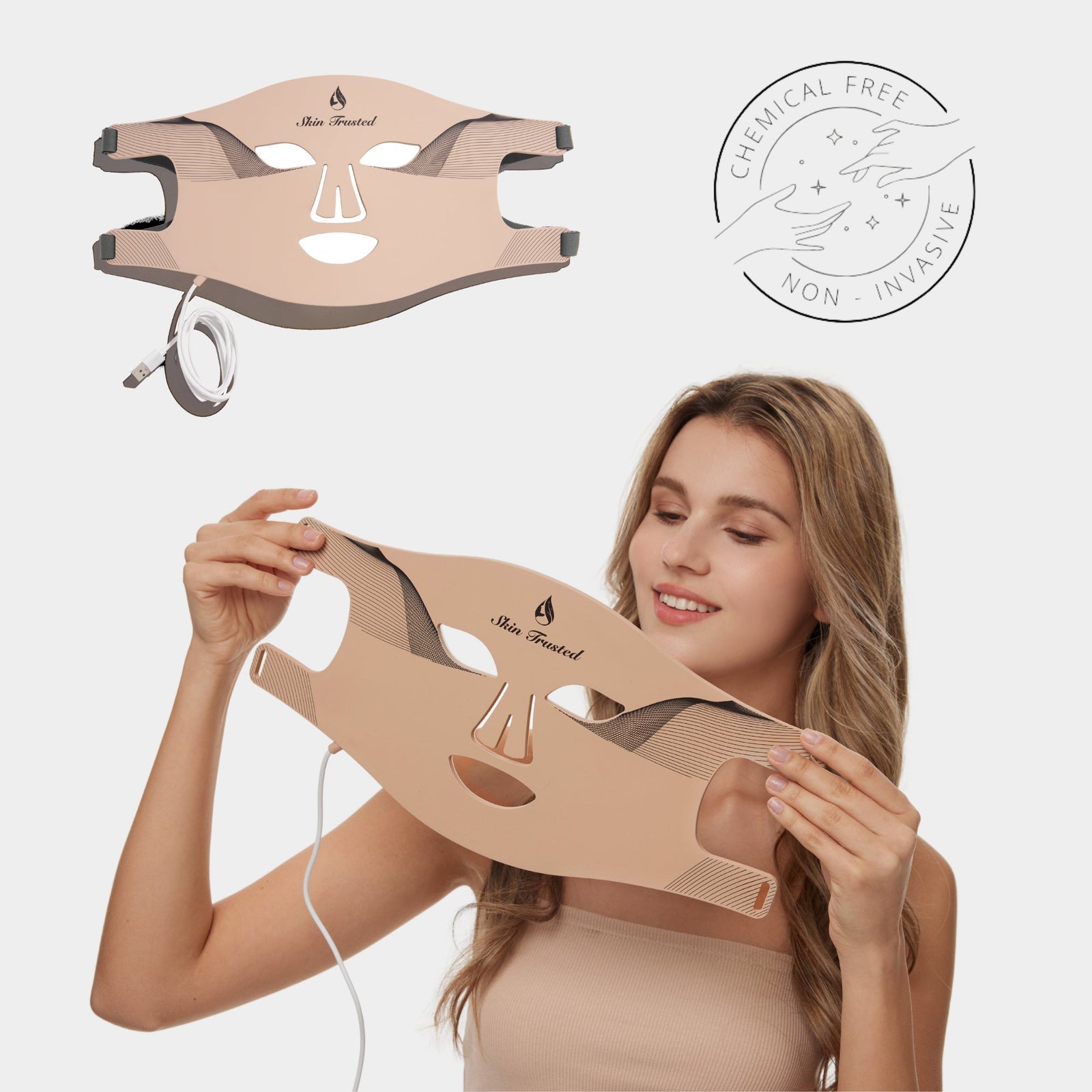 Skincare professional holding Skin Trusted LED Light Therapy Mask – FAQ reference image