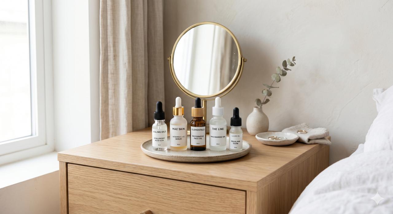 Skincare serums arranged on a counter – best serums to use with LED light therapy mask