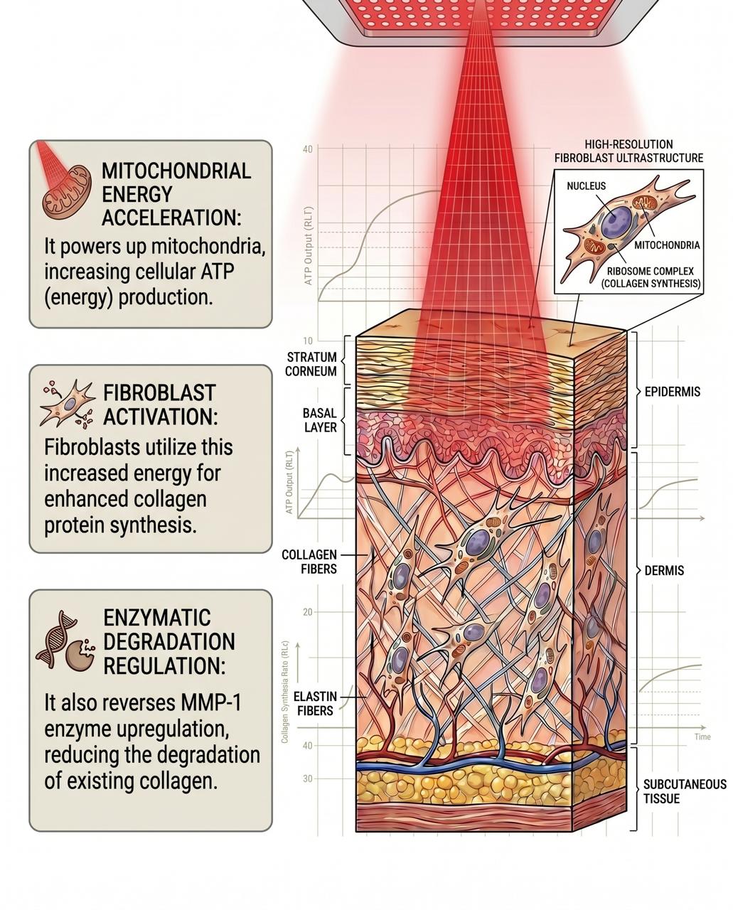 Diagram of skin layers with a red light beam and text about mitochondrial energy acceleration, fibroblast activation, and enzymatic degradation regulation.