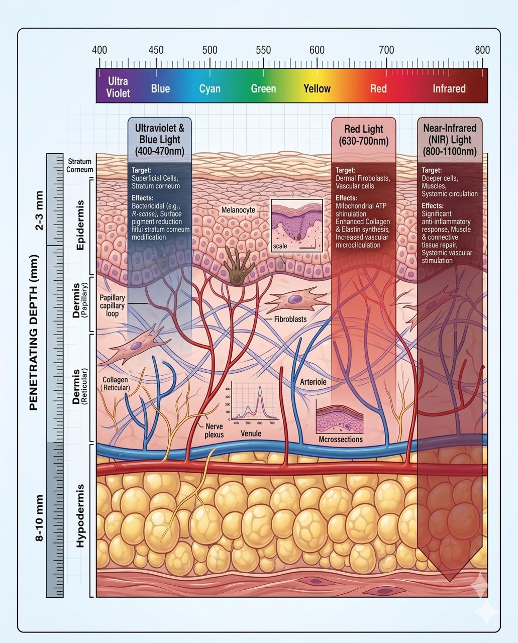 Diagram comparing red, blue and near-infrared light wavelengths and their skin penetration depths