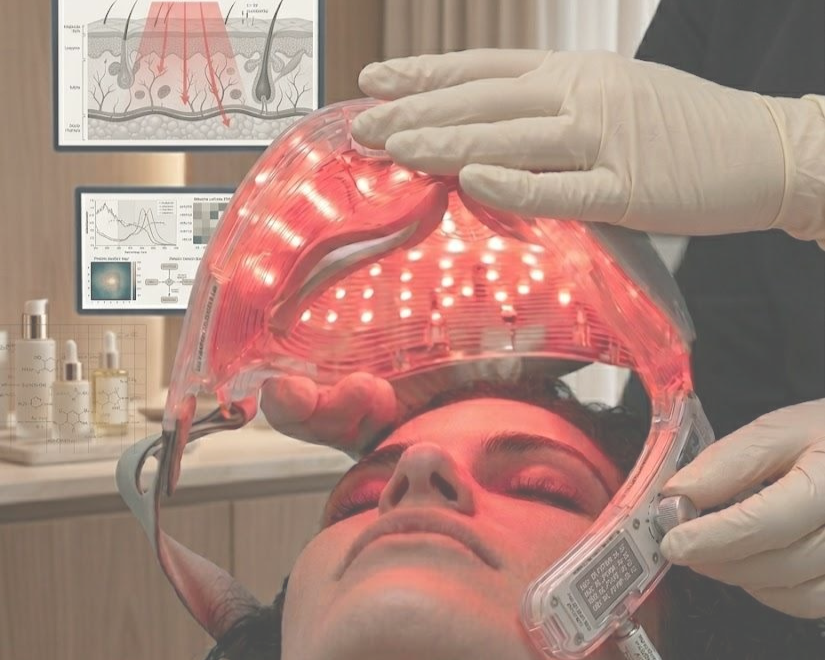 Person receiving red light therapy with medical equipment in a clinical setting.